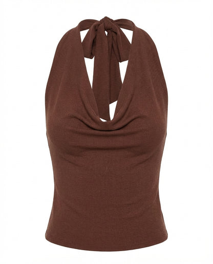deep-cowl-neck-fitted-brown-top-brown-oy1510,25010010GG52,topwear,tops,vacation, outdoor events,bold, glam, streetwear,knitted,ribbed,brown,solid,slim fit,fitted,regular,cowl neck,sleeveless,Color: Brown
Fabric: Ribbed
Fit: Slim Fit 
Length: Regular
Neck: Cowl Neck
Sleeve: Sleeveless
Print: Solid,DEEP COWL NECK FITTED BROWN TOP