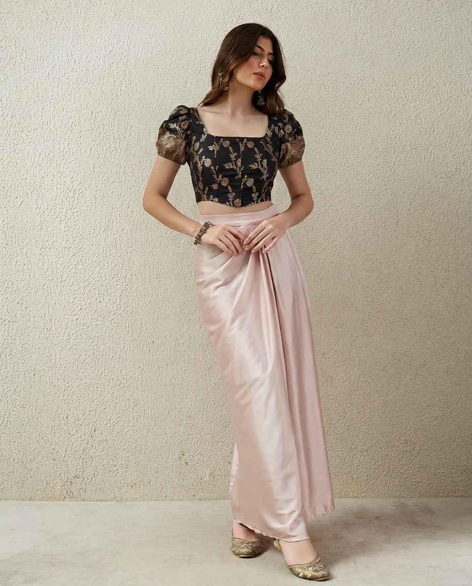 Black Puff Sleeves Brocade Corset Top