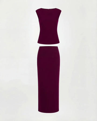 coord sets,bottomwear, topwear,semi-formal, outdoor events, casual chic, summer,urban fit, genz, minimal,knitted,kenzo ribbed,,,dark brown,solid,,,,,slim fit top,fitted top,waist length top,slit hem,boat neck,no straps,sleeveless,sleeveless,slip on top,skirts,straight skirt,maxi length,straight hem,mid rise waist,no pockets	,OY3043, 25070016GG