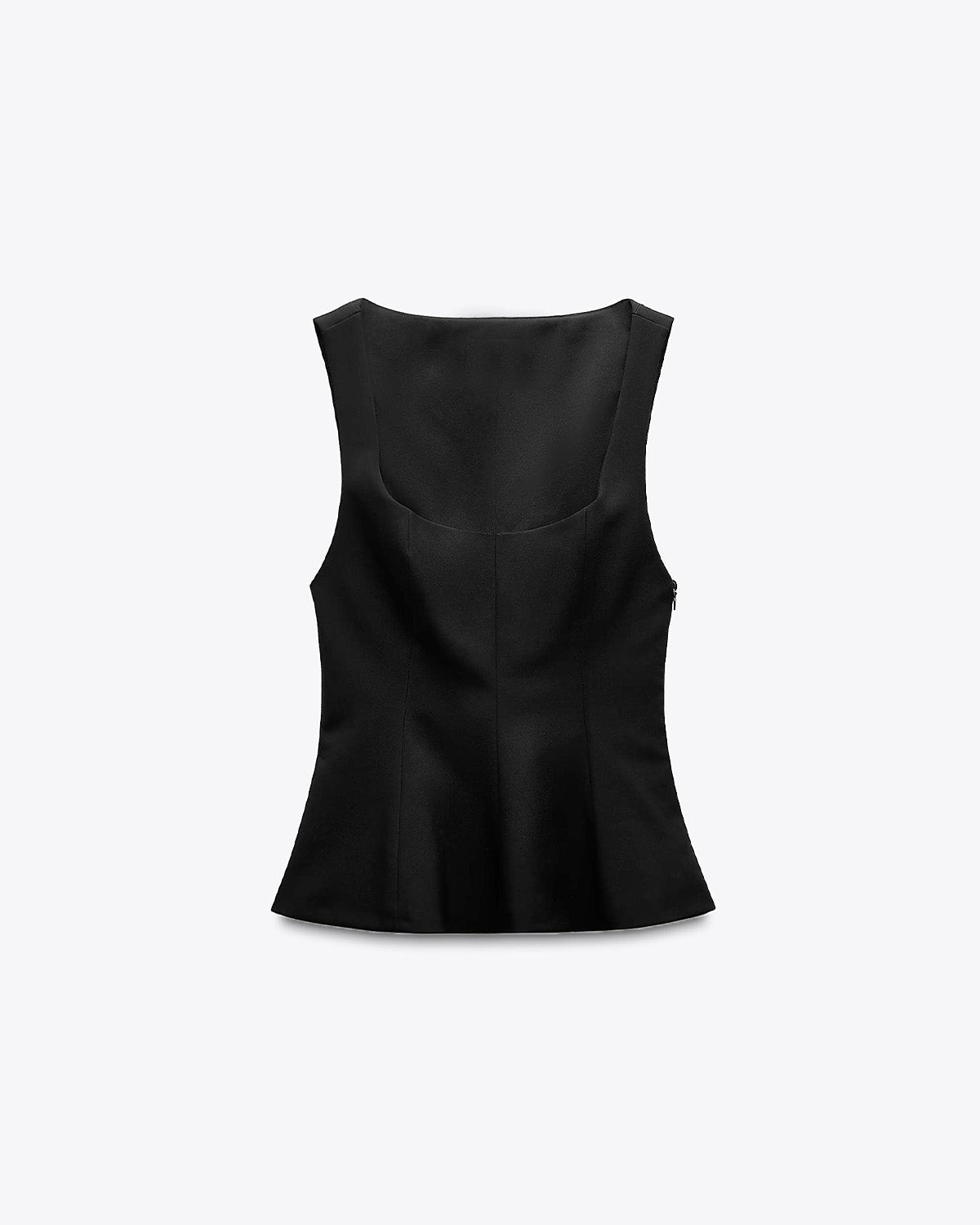 topwear,tops,casual chic, semi-formal,creative workwear, gen z, millenial, minimal, sophisticated, summer,knitted,polyester, spandex,black,solid,panelling,zipper,tailored fit,peplum,waist length,flounce hem,square neck,shoulder strap,no sleeves,sleeveless, OY3151, 25090010GG