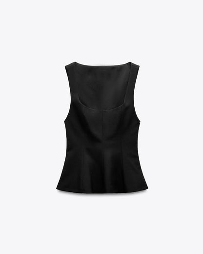 topwear,tops,casual chic, semi-formal,creative workwear, gen z, millenial, minimal, sophisticated, summer,knitted,polyester, spandex,black,solid,panelling,zipper,tailored fit,peplum,waist length,flounce hem,square neck,shoulder strap,no sleeves,sleeveless, OY3151, 25090010GG