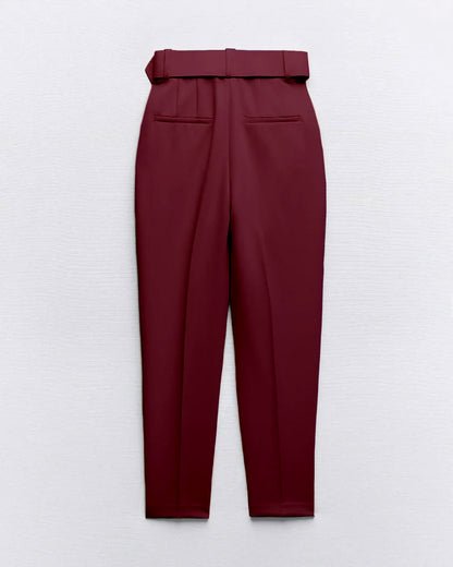bottomwear,pants,formal, semi-formal,business outfit, urban fit, workwear,woven,polyester, spandex,maroon,pleated,belt,tailored fit,tapered,full lengthhig, h rise	25010046GG, OY942