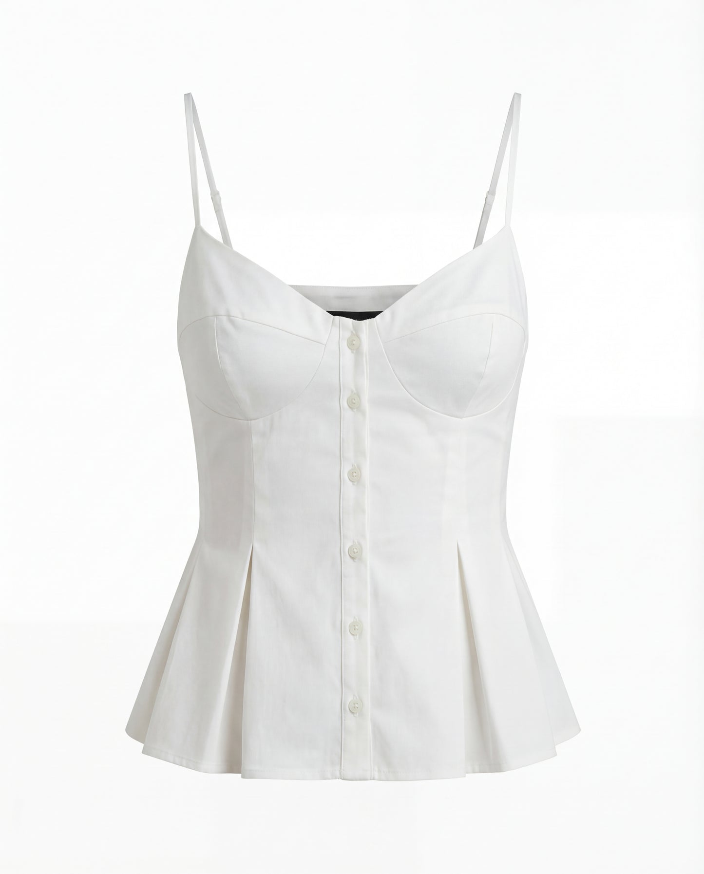 topwear,tops,outdoor events,bold, glam,woven,cotton,white,solid,flounce,zipper,skinny fit,peplum,waist length,flared hem,v-neck,spaghetti strap,sleeveless, OY1916, 25060021GG
