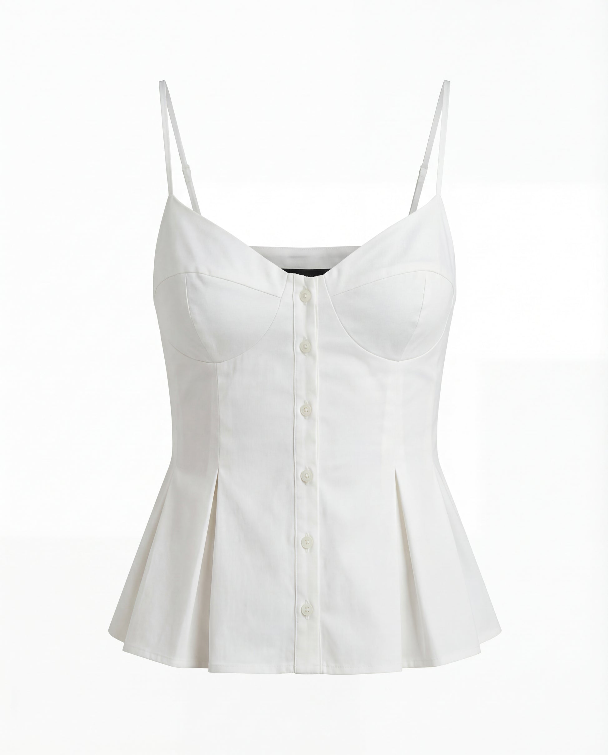 topwear,tops,outdoor events,bold, glam,woven,cotton,white,solid,flounce,zipper,skinny fit,peplum,waist length,flared hem,v-neck,spaghetti strap,sleeveless, OY1916, 25060021GG