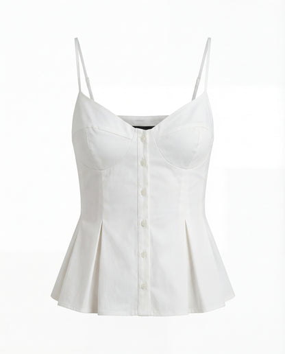topwear,tops,outdoor events,bold, glam,woven,cotton,white,solid,flounce,zipper,skinny fit,peplum,waist length,flared hem,v-neck,spaghetti strap,sleeveless, OY1916, 25060021GG
