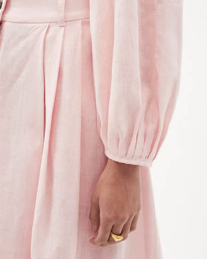 coord sets,skirt, topwear,vacation, outdoor events,minimal, sophisticated, summer, urban fit,woven,cotton slub,soft pink,solid,cutout, pleated,regular fit top,fitted top,crop top,straight hem,square neck,,balloon sleeves,long sleeves,zipper back,skirts,a-line skirt,midi,,mid rise waist,25040018GG, OY1404