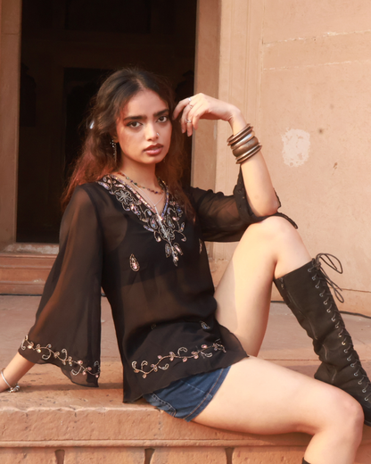 Nargis Embellished flared sleeve bohemian Top - Black