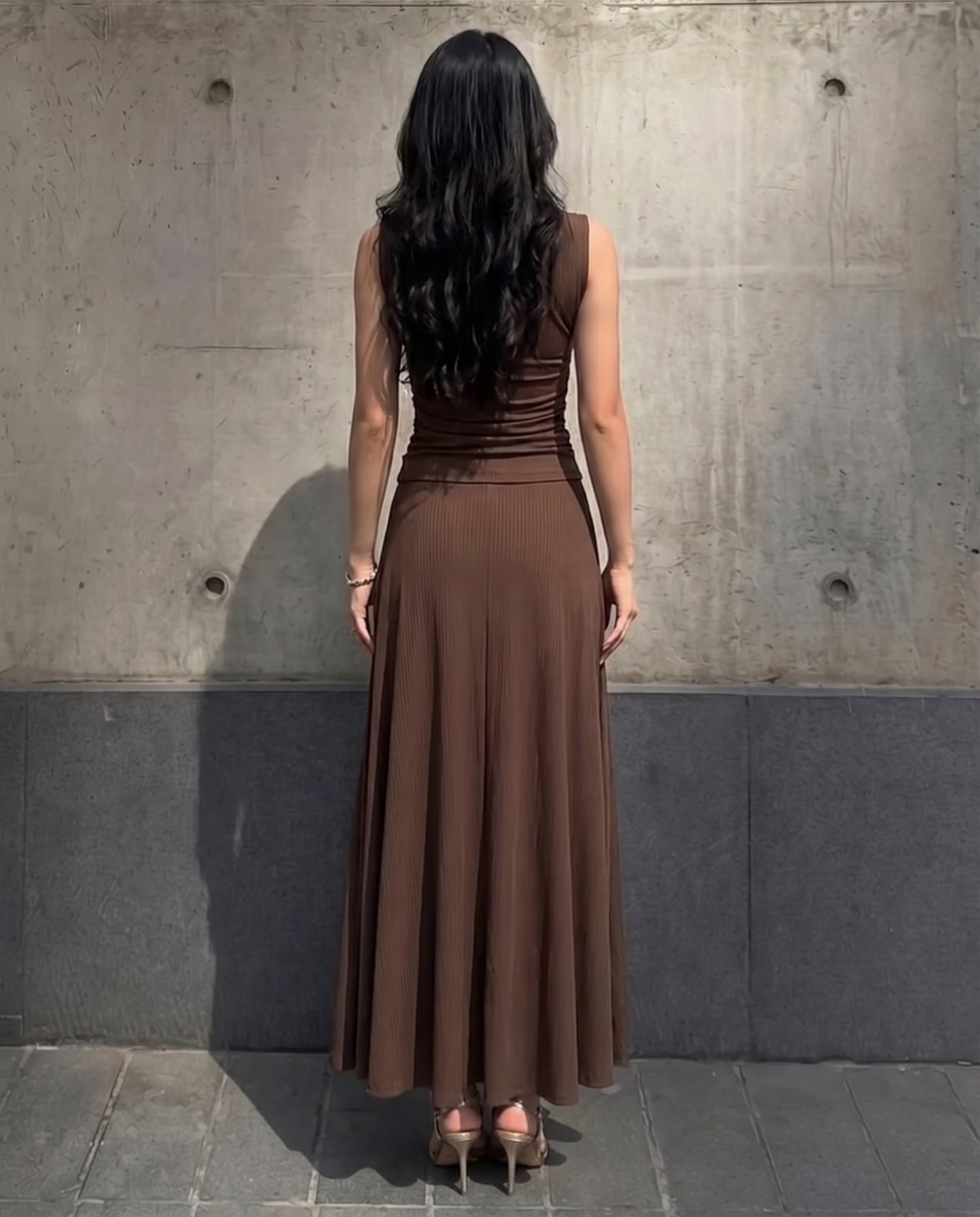 coord sets,tops,casual,summer,knitted, stretchable,ribbed,brown,solid,gathered,skinny fit,fitted,regular,crew neck,long sleeves,24110027GG, OY305