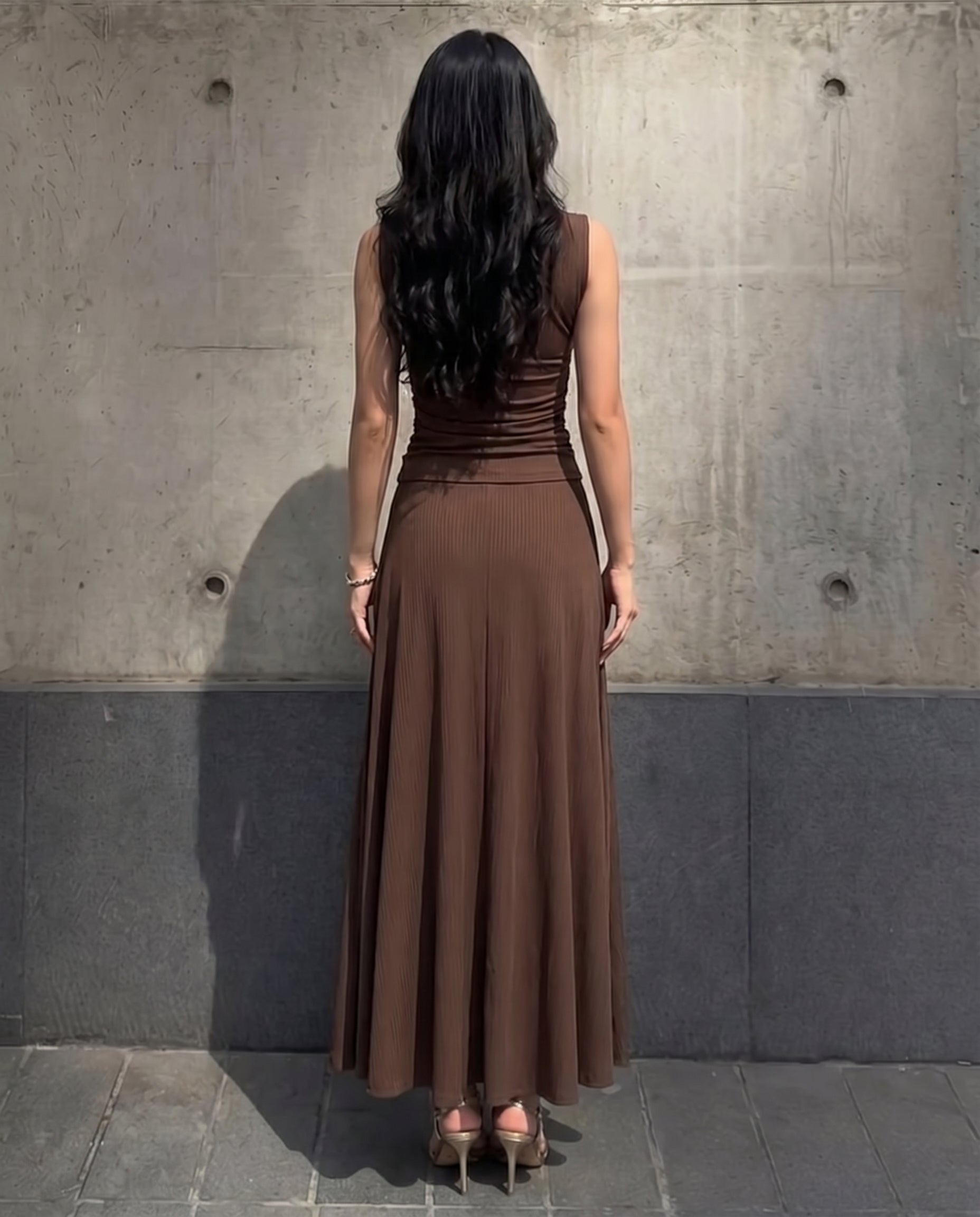 coord sets,tops,casual,summer,knitted, stretchable,ribbed,brown,solid,gathered,skinny fit,fitted,regular,crew neck,long sleeves,24110027GG, OY305