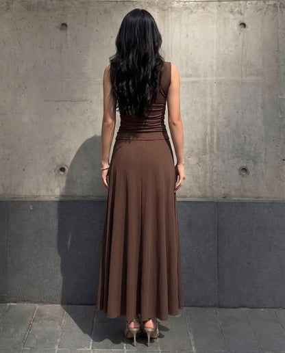 coord sets,tops,casual,summer,knitted, stretchable,ribbed,brown,solid,gathered,skinny fit,fitted,regular,crew neck,long sleeves,24110027GG, OY305