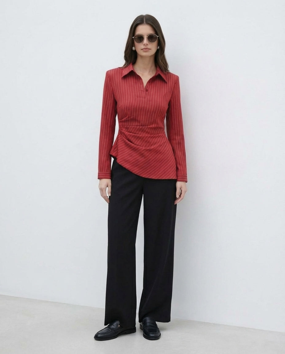Red Pinstripe Asymmetric Hem Shirt