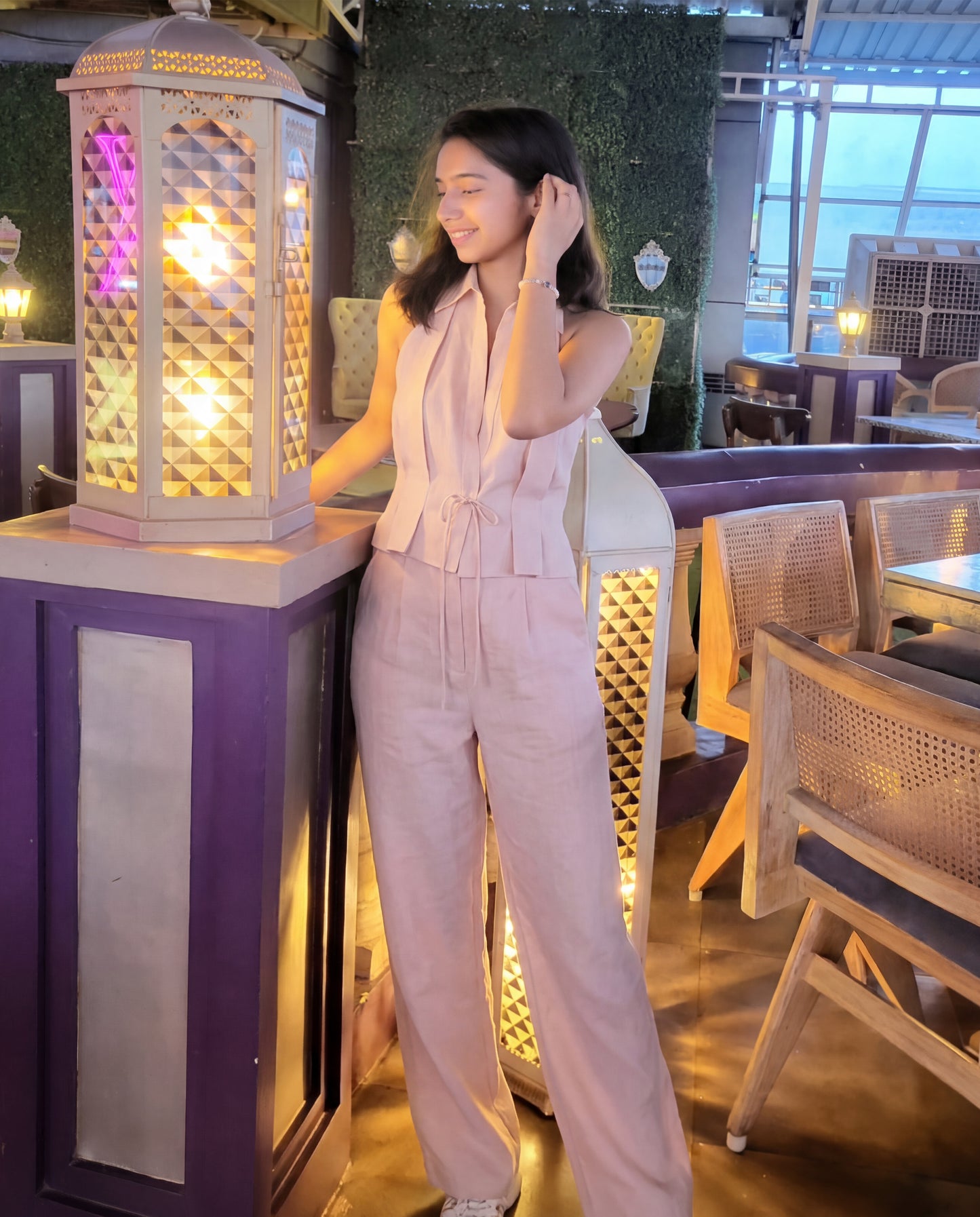 Tailored Vest Linen Blend Top & Pants Co-Ord Set Pink
