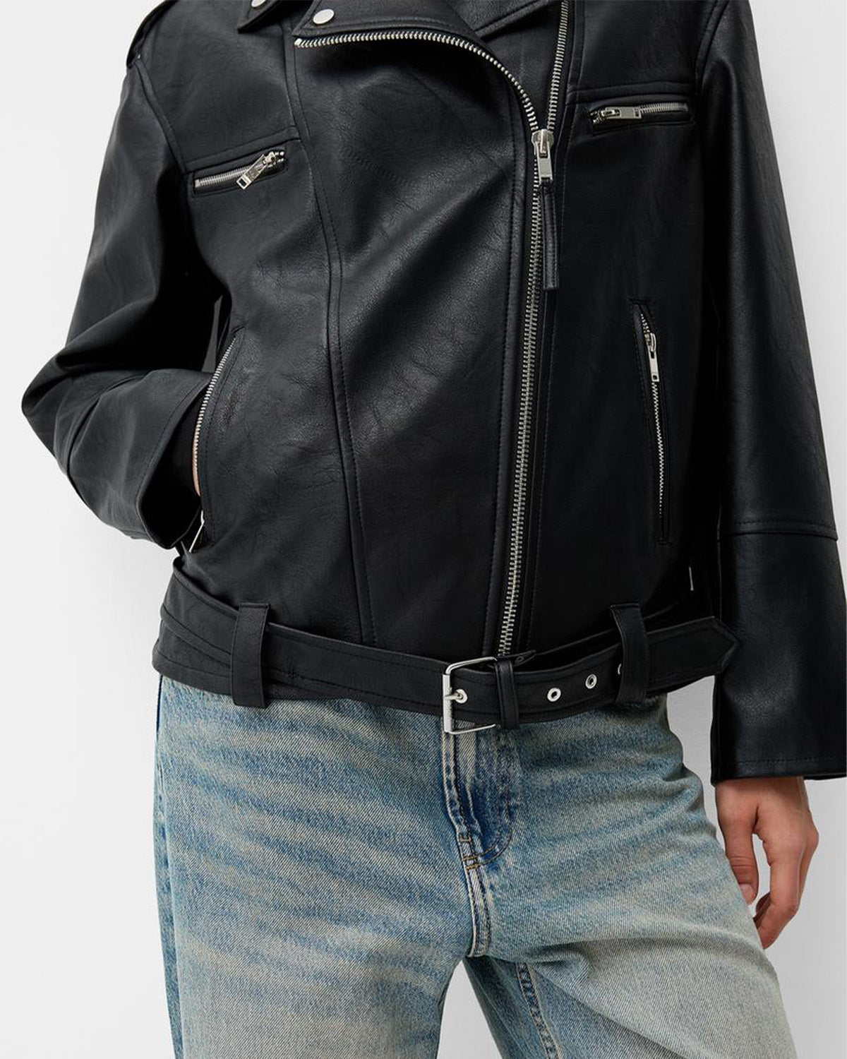 BELTED ZIP-UP BIKER JACKET