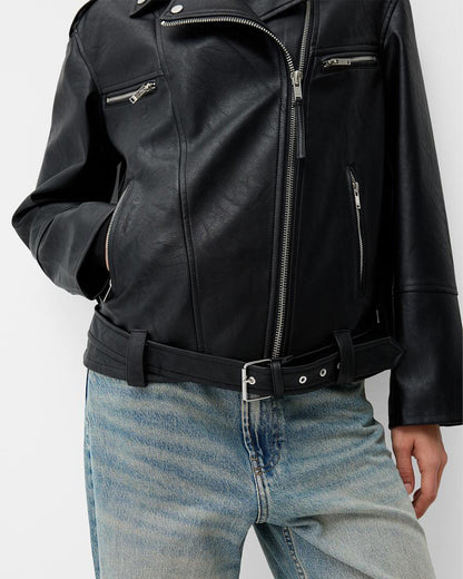 BELTED ZIP-UP BIKER JACKET