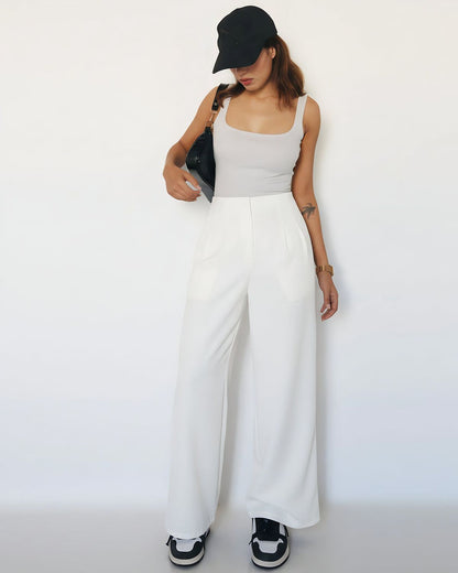 bottomwear,trousers,semi-formal,workwear,stretchable,polyester, spandex,white,pleated,relaxed fit,wide leg,full length,high rise, OY963- white, 25090076GG 