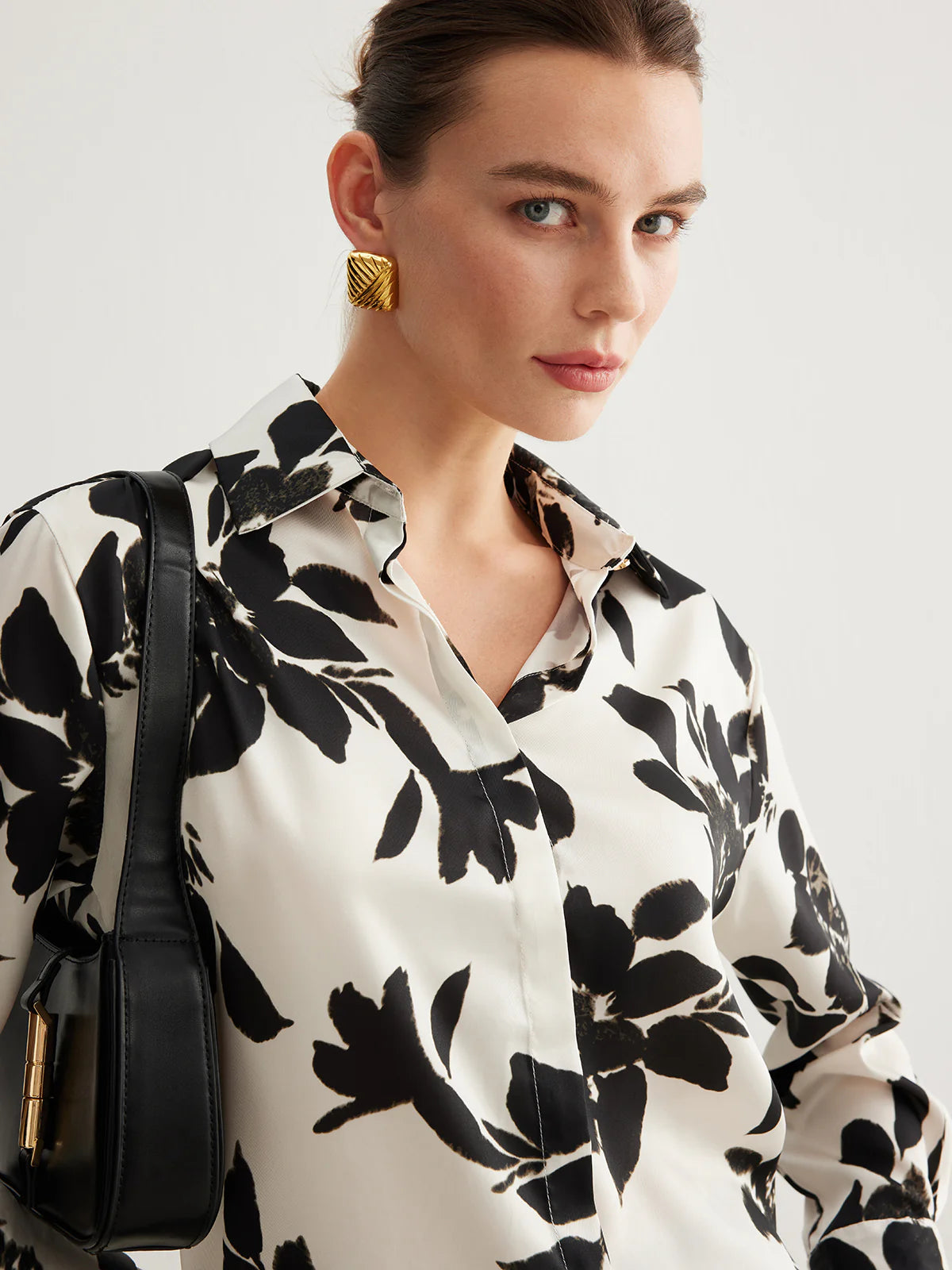 Ivory & Black Leaf's Print Satin Shirt