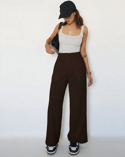 bottomwear,trousers,semi-formal,workwear,stretchable,polyester, spandex,dark brown,pleated,relaxed fit,wide leg,full length,high rise, 25090078GG, oy963