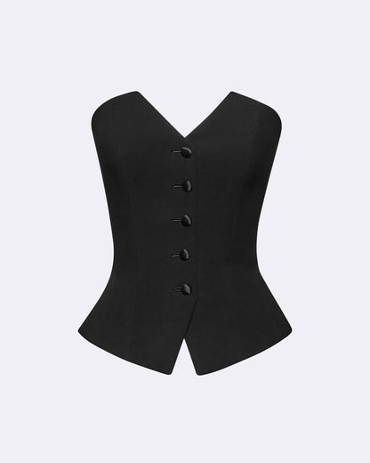 black, corset,topwear,tops,casual,gen z, summer,streetwear, elegant, classy,solid,ruched,button,slim fit,fitted,waist length, no straps,set in sleeves,short sleeves, OY1702