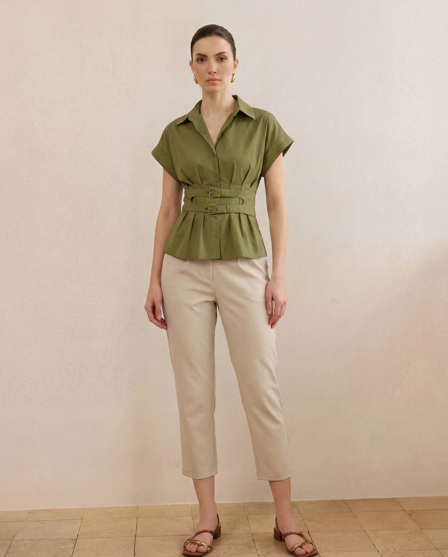 Olive Pleated Belted Shirt