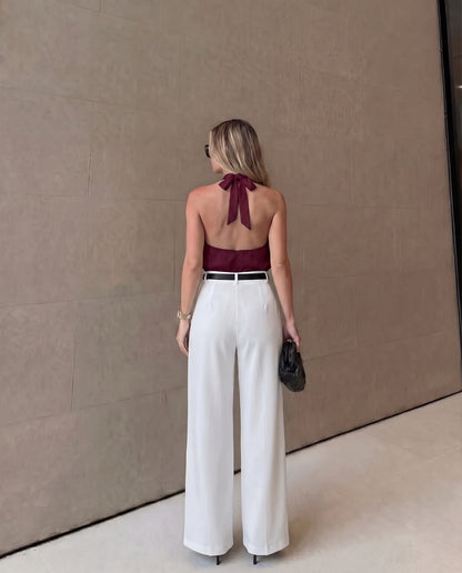 Straight Leg Trouser with Belt - White