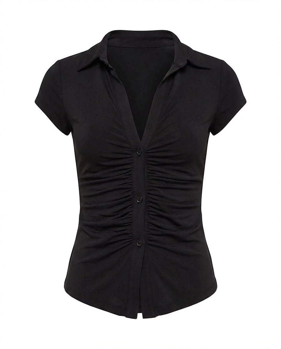 topwear,tops,casual,gen z, summer, streetwear,woven,ribbed,black,solid,ruched,button,slim fit,fitted,waist length,slit hem,collared,no straps,set in sleeves,short sleeves, OY2132, 25090035GG