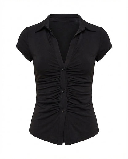 topwear,tops,casual,gen z, summer, streetwear,woven,ribbed,black,solid,ruched,button,slim fit,fitted,waist length,slit hem,collared,no straps,set in sleeves,short sleeves, OY2132, 25090035GG