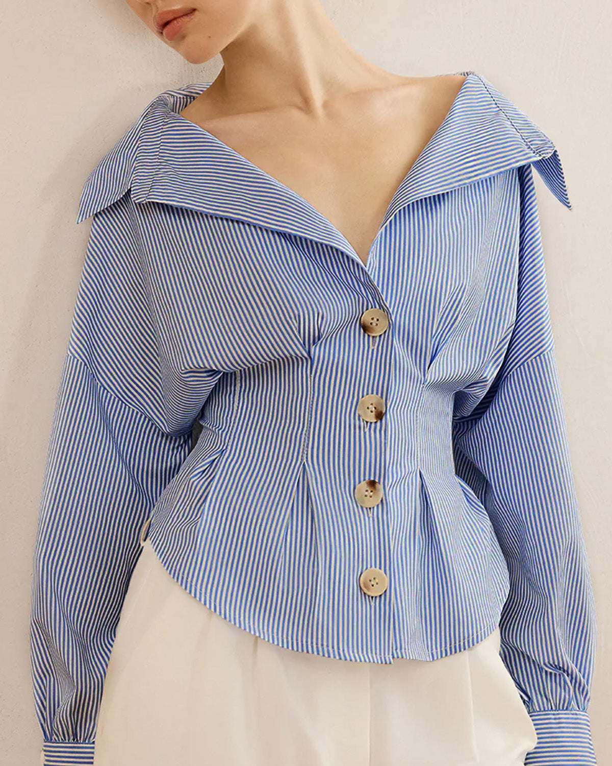 topwear,shirts,casual chic,minimal, soft girl,summer,woven,crepe,printed,blue,stripes,contrast,button,regular fit,shirt,waist length,flared hem,collared,no straps,set in sleeves,long sleeves, OY2140, 25090039GG