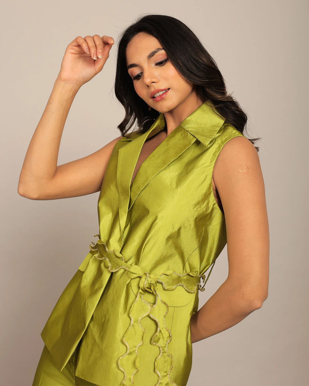 coord sets,bottomwear, topwear,ethnic, party, outdoor events,festive, glam, indo western, summer,woven,taffeta,overlock sitiching,lime green,solid,scalloped,button,relaxed fit top,waist coat,longline top,straight hem,lapel collar,no straps,no sleeves,sleeveless,button up,pants,straight pants,full length,straight hem,mid rise waist,2 pocket,oy3024,25070057GG
