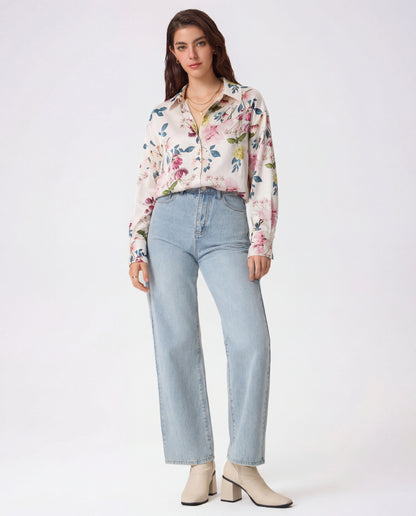 White & Multicolor Florals Satin Shirt