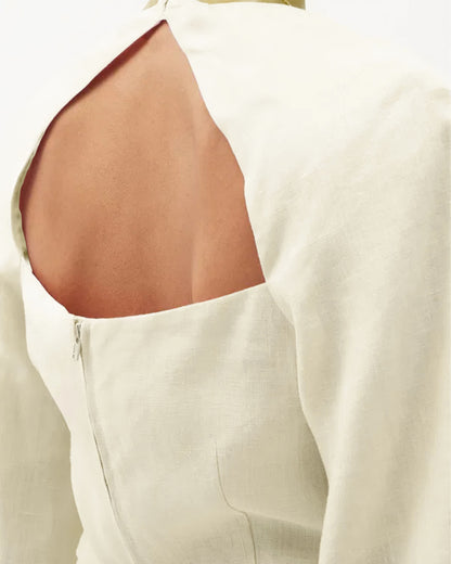 coord sets,skirt, topwear,vacation, outdoor events,minimal, sophisticated, summer, urban fit,woven,cotton slub,cream,solid,cutout, pleated,regular fit top,fitted top,crop top,straight hem,square neck,balloon sleeves,long sleeves,zipper back,skirts,a-line skirt,midi,mid rise waist,OY1404- cream, 25090081GG