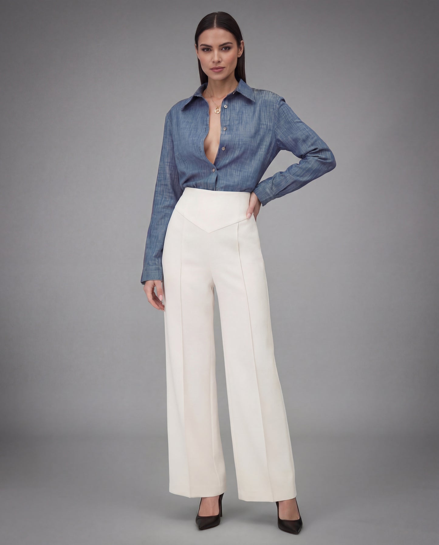 SCULPTED WAIST PLEATED TROUSERS,Color: White
Fabric: 95% poly 5% spandex
Fit: Tailored Fit
Length: Full Length(41")
Waist: High Rise 
Closure: Elasticated
No. of Pockets: 2
Print: Solid
Details: Corset shaped panel in front for a clinched waist look,pants,bottomwear,pants,semi-formal,business outfit,stretchable,polyester, spandex,white,pleated,tailored fit,wide leg,full length,high rise
