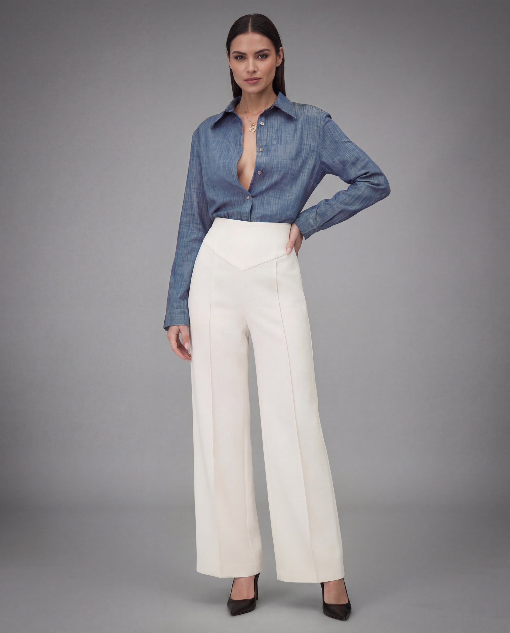 SCULPTED WAIST PLEATED TROUSERS,Color: White
Fabric: 95% poly 5% spandex
Fit: Tailored Fit
Length: Full Length(41")
Waist: High Rise 
Closure: Elasticated
No. of Pockets: 2
Print: Solid
Details: Corset shaped panel in front for a clinched waist look,pants,bottomwear,pants,semi-formal,business outfit,stretchable,polyester, spandex,white,pleated,tailored fit,wide leg,full length,high rise
