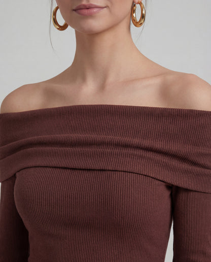 Brown Bardot Top With Skirt - Coord Set