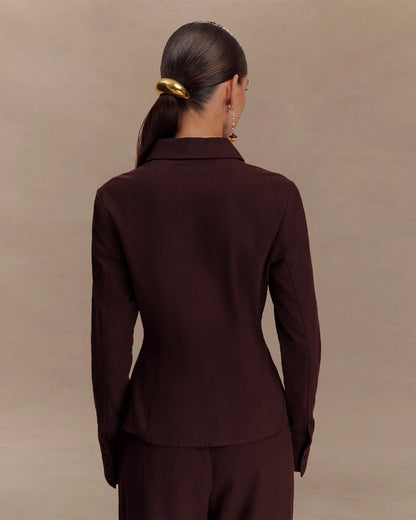 coord sets,bottomwear, topwear,casual chic, outddoors, vacation, lunch date, summer,urban fit, genz, minimal,woven,cotton,,,dark brown,solid,,,beads,regular fit top,front slit top,longline top,straight hem,lapel collar,no straps,long sleeves,full sleeves,tie up top,pants,wide leg pants,full length,straight hem,mid rise waist,side pockets, OY3052, 25070023GG