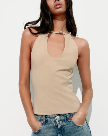 topwear,tops,casual,knitted, stretchable,elastane, polyester,black,cutout,belt, buckle,tailored fit,fitted,regular,halter neck,sleeveless,beige,25050002BU