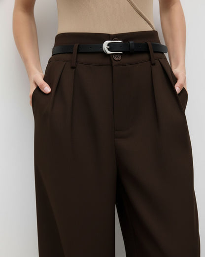 bottomwear,pants,semi-formal,business outfit,stretchable,polyester, spandex,dark brown,pleated,tailored fit,wide leg,full length,high rise, OY-959- DARK BROWN, 25090072GG