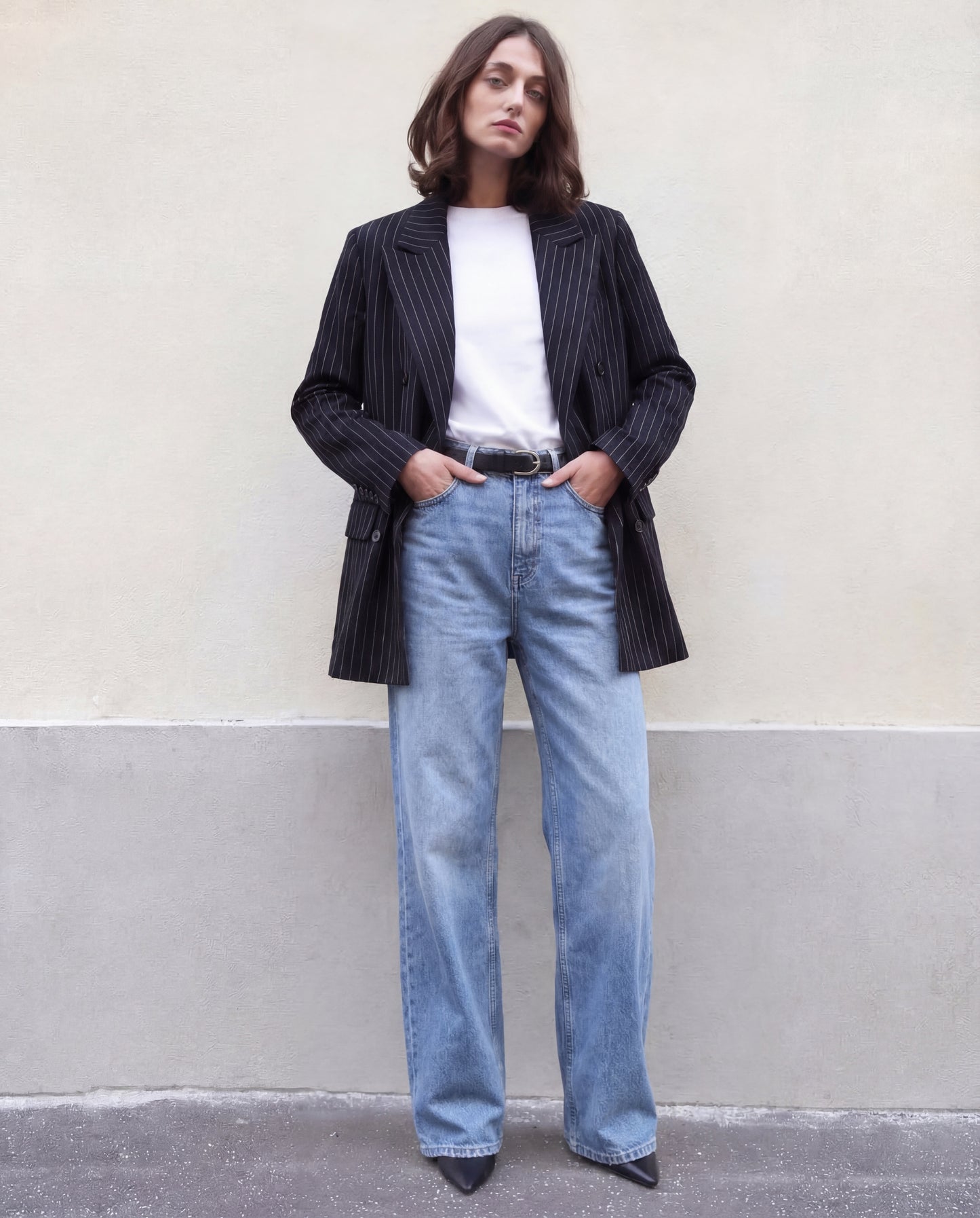 Pinstripes Double Breasted Blazer With Belt