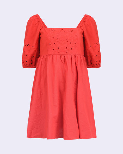 SCHIFFLI PUFF SLEEVES MINI DRESS,above knee, cotton, dresses, fit and flare, puff sleeves, red, regular fit, schiffli, short sleeves, solid, square neck, straight, summer, textured, vacation, woven,schiffli-puff-sleeves-mini-dress-red,Color- Red
Neck- Square Neck
Type- Fit &amp; Flare
Sleeve- Puff Sleeves
Fit- Regular Fit
Print/Pattern- Solid
Length- Mini
Fabric- Cotton
Closure- Tie Knot Back
Detail- Schiffli Embroidery