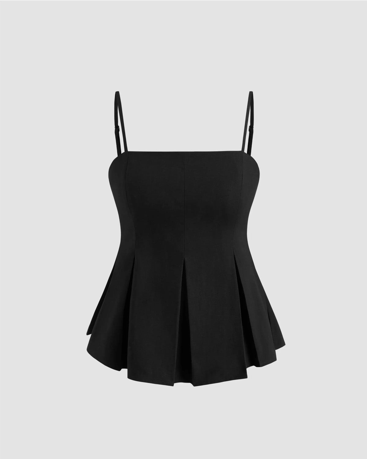 topwear,tops,casual, vacation, outdoor events,minimal, sophisticated, summer,woven,cotton twill,black,solid,pleated,tailored fit,fit and flare,waist length,straight hem,cami neck,spaghetti strap,sleeveless	OY1919, 25060024GG