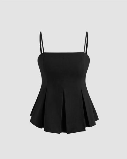 topwear,tops,casual, vacation, outdoor events,minimal, sophisticated, summer,woven,cotton twill,black,solid,pleated,tailored fit,fit and flare,waist length,straight hem,cami neck,spaghetti strap,sleeveless	OY1919, 25060024GG