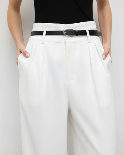 bottomwear,pants,semi-formal,business outfit,stretchable,polyester, spandex,white,pleated,tailored fit,wide leg,full length,high rise, 24090003GG, OY959