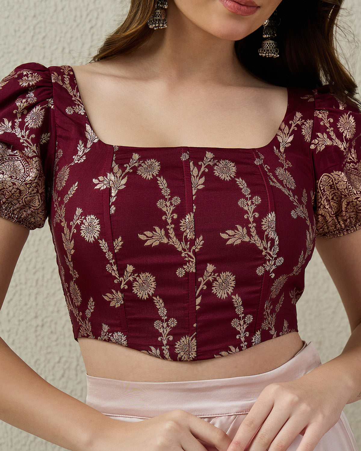 topwear,tops,ethnic, indo-western,ethnic wear, festive wear, indian wear, summer, casual,woven,poly,brocade,purple,floral pattern,panelling,zipper,skinny fit,slim fit top,crop length,curved hem,square neck,no straps,puff sleeves,short sleeves, OY2102, 25070043GG