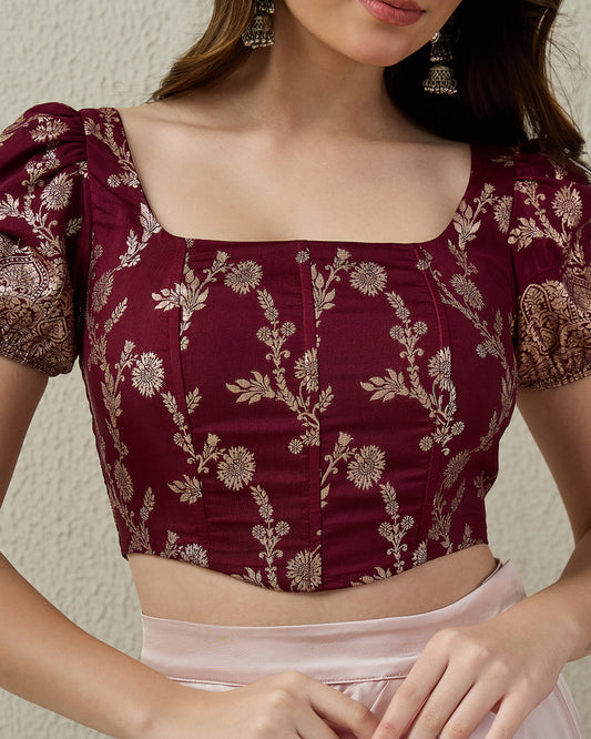topwear,tops,ethnic, indo-western,ethnic wear, festive wear, indian wear, summer, casual,woven,poly,brocade,purple,floral pattern,panelling,zipper,skinny fit,slim fit top,crop length,curved hem,square neck,no straps,puff sleeves,short sleeves, OY2102, 25070043GG