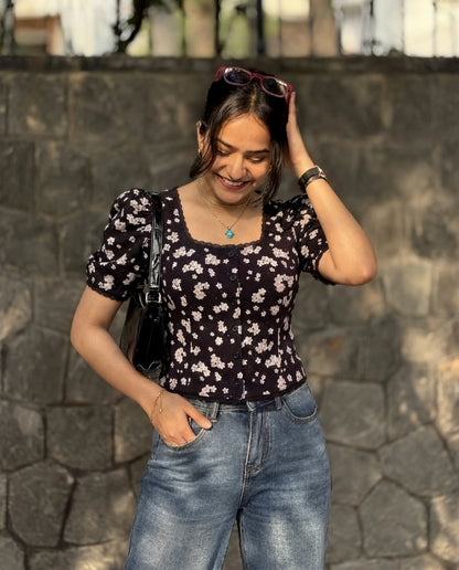 Black Florals Lace-Trim Fitted Button-Up Top