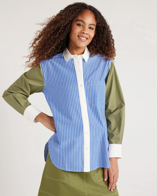 STRIPED BOYFRIEND SHIRT,boyfriend shirts, button, casual, collared, cotton, curved, long sleeves, longline, olive green, printed, relaxed fit, shirts, stripes, topwear, woven,boxy-fit-stripes-color-block-shirt-phase3,Neck - Shirt collar Sleeve - Full sleevesFit - Boxy fitPrint/Pattern - Stripes Color - Green and blue Material - Cotton Detail - Curved Hem