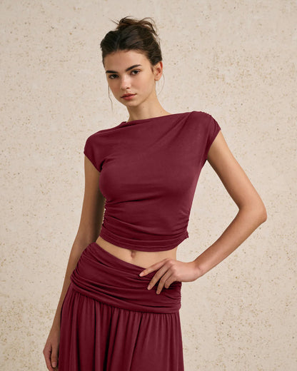 coord sets,bottomwear, topwear,casual chic, outddoors, vacation, lunch date, summer,urban fit, genz, minimal,knitted,ribbed,ruching,dark brown,solid,ruching,,,slim fit top,fitted top,waist length,straight hem,crew neck,no straps,short sleeves,cap sleeves,slip on top,skirts,flare  skirt,full length,flared hem,mid rise waist,no pockets, OY3049, 25070020GG