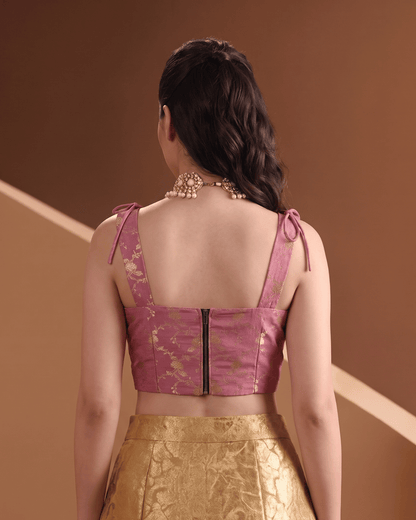 Carnation Pink Tie Up Strap Brocade Corset Top