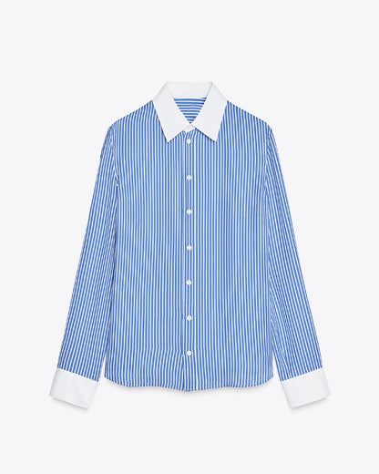 topwear,tops, shirts,casual, formal, semi-formal,minimal, soft girl, summer,woven,polycotton,printed,blue,pinstripes,color block,button,regular fit,shirt,longline,curved hem,shirt collar,full sleeves,cuff sleeves,OY2013, 25060045GG