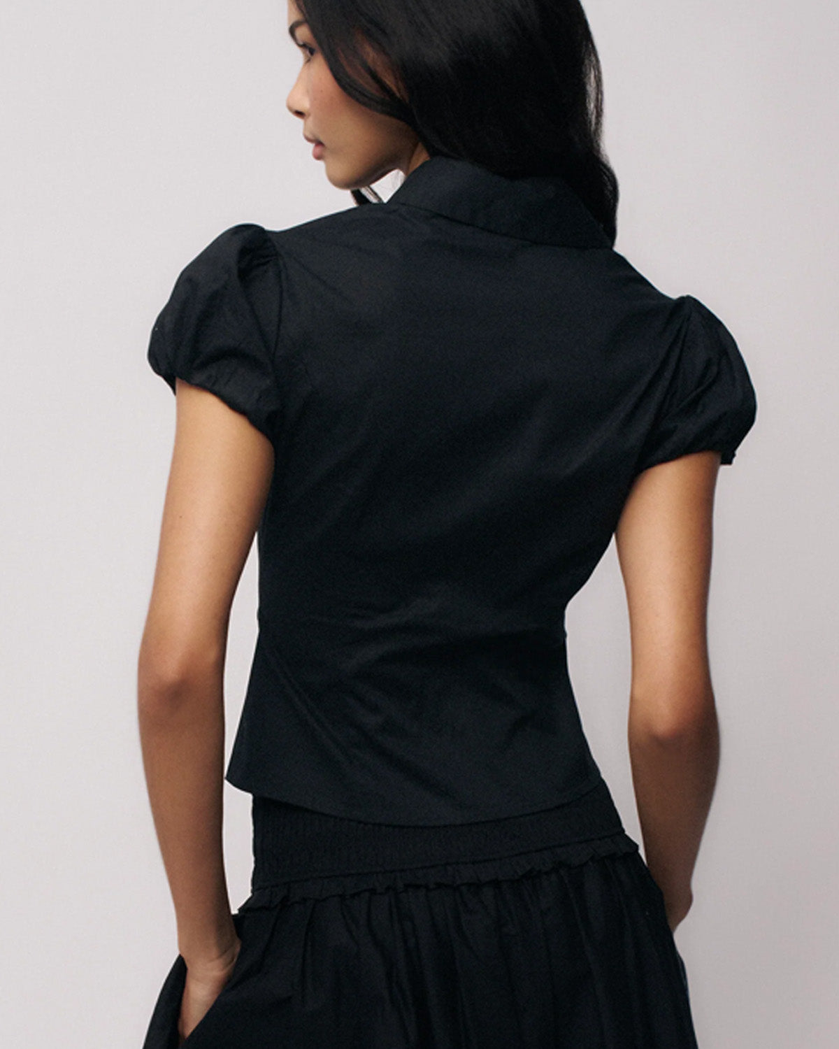 topwear,tops,casual, semi-formal,minimal, summer, timeless,woven,cotton,black,solid,ruched,button,slim fit,waist length,curved hem,collared,puff sleeves,OY1905	,25060005GG