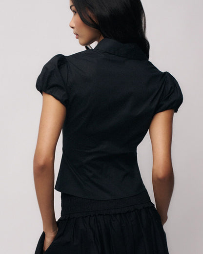 topwear,tops,casual, semi-formal,minimal, summer, timeless,woven,cotton,black,solid,ruched,button,slim fit,waist length,curved hem,collared,puff sleeves,OY1905	,25060005GG